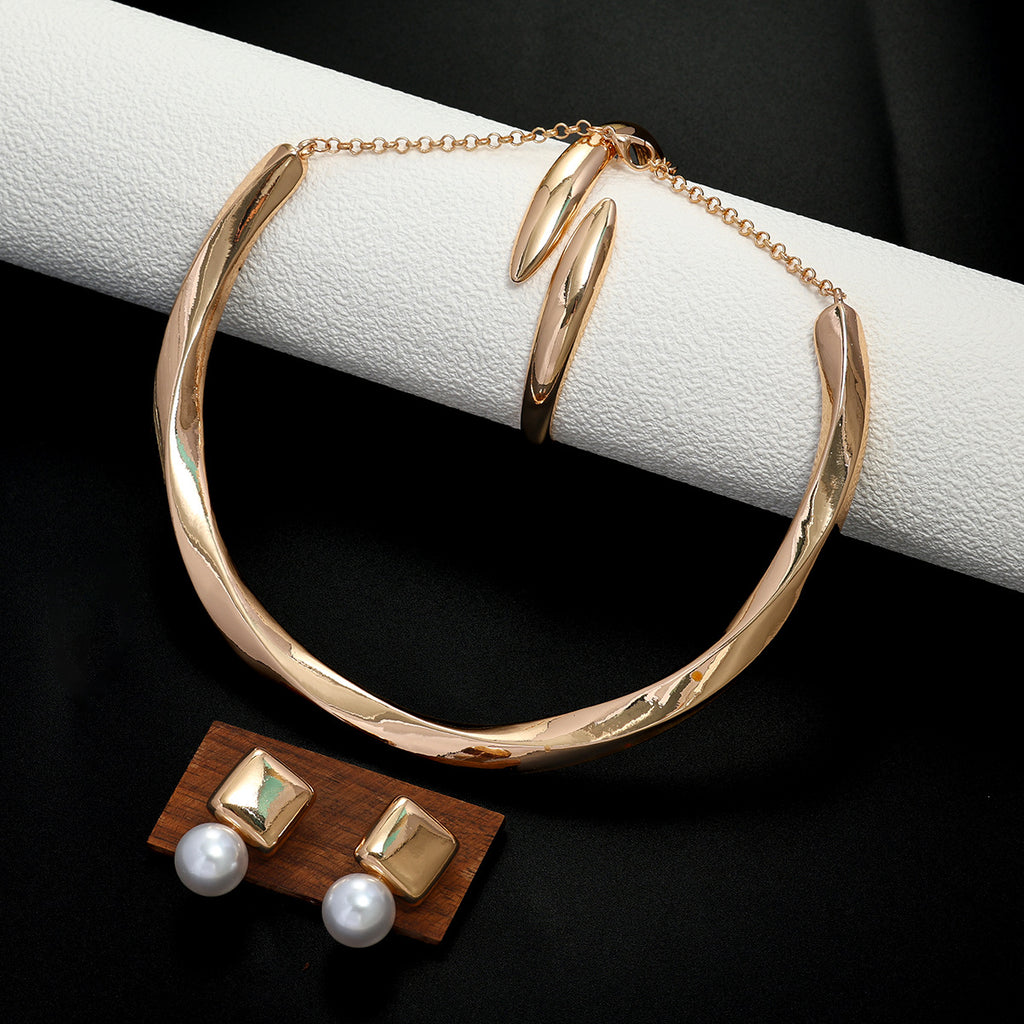 Women's Statement Necklace Geometric Wave Design Pearl Earrings And Bracelet