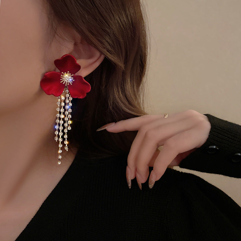 Premium Red Floral Tassel Earrings