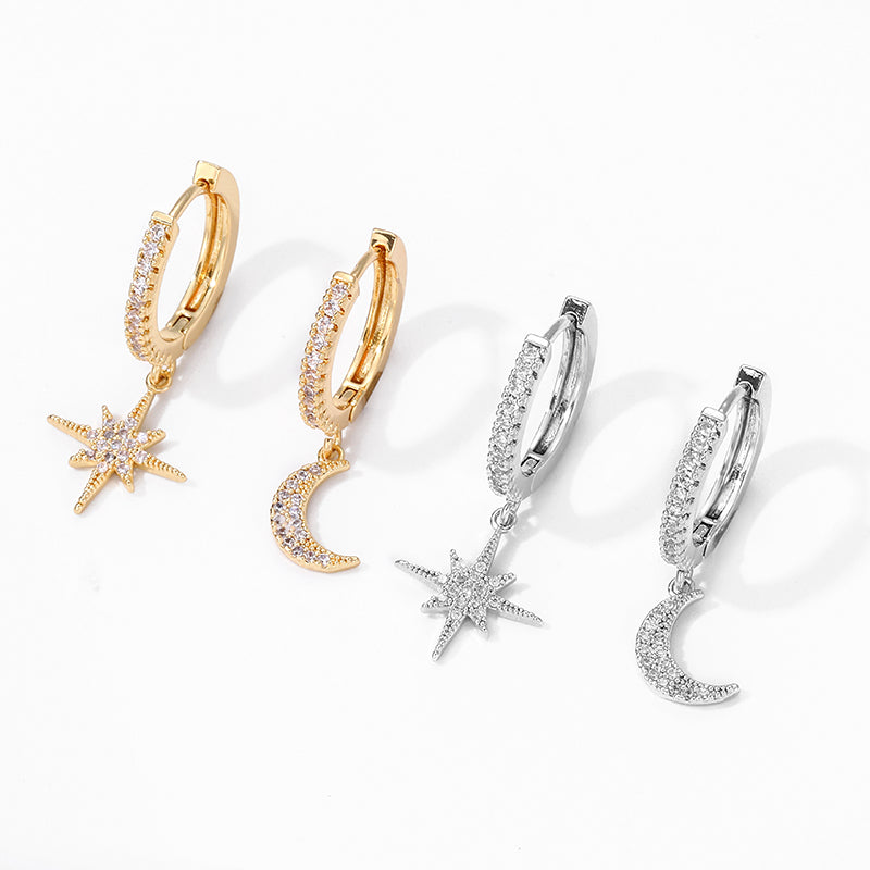 Moon & Star Crystal Hoop Earrings – Shine Like the Night Sky