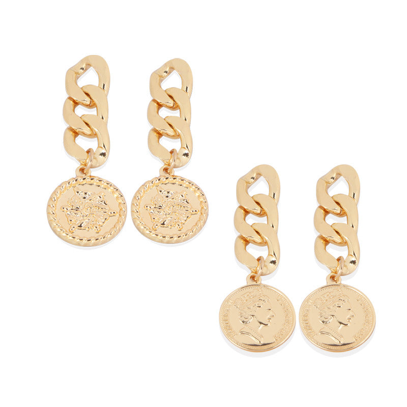 Vintage Queen Coin Chain Earrings – Bold Luxury Statement