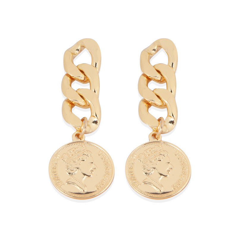 Vintage Queen Coin Chain Earrings – Bold Luxury Statement
