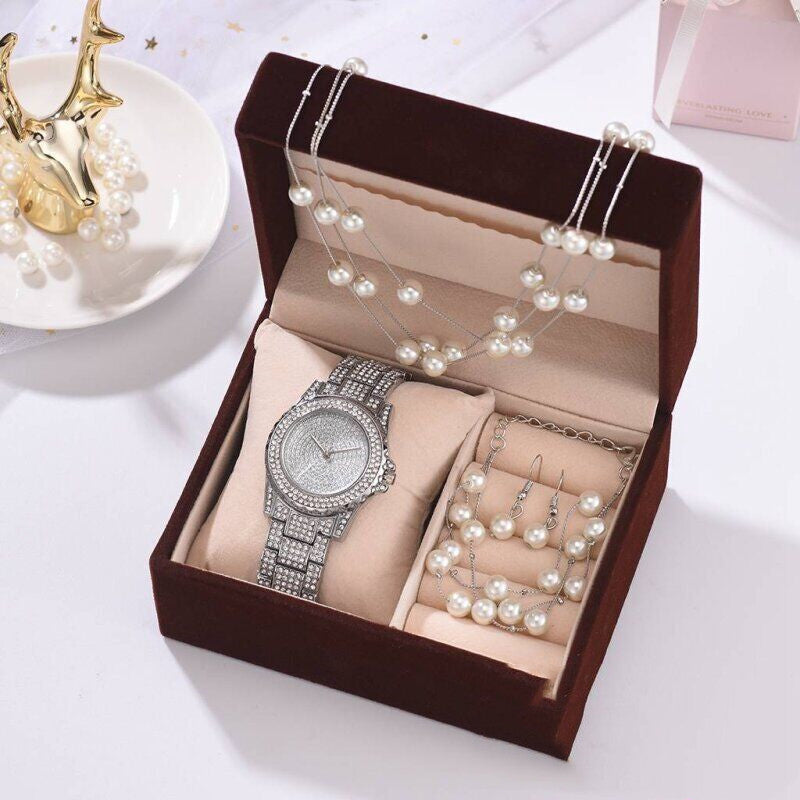 Luxury Diamond Watch & Pearl Jewelry Set