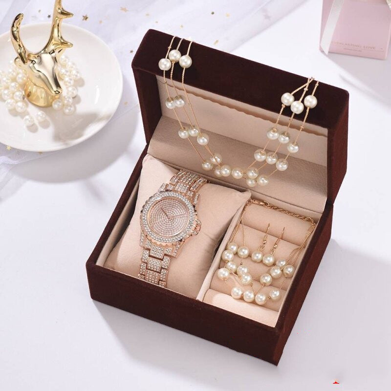 Luxury Diamond Watch & Pearl Jewelry Set