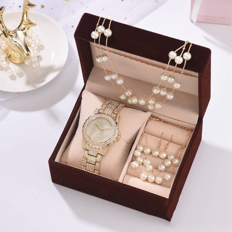Luxury Diamond Watch & Pearl Jewelry Set