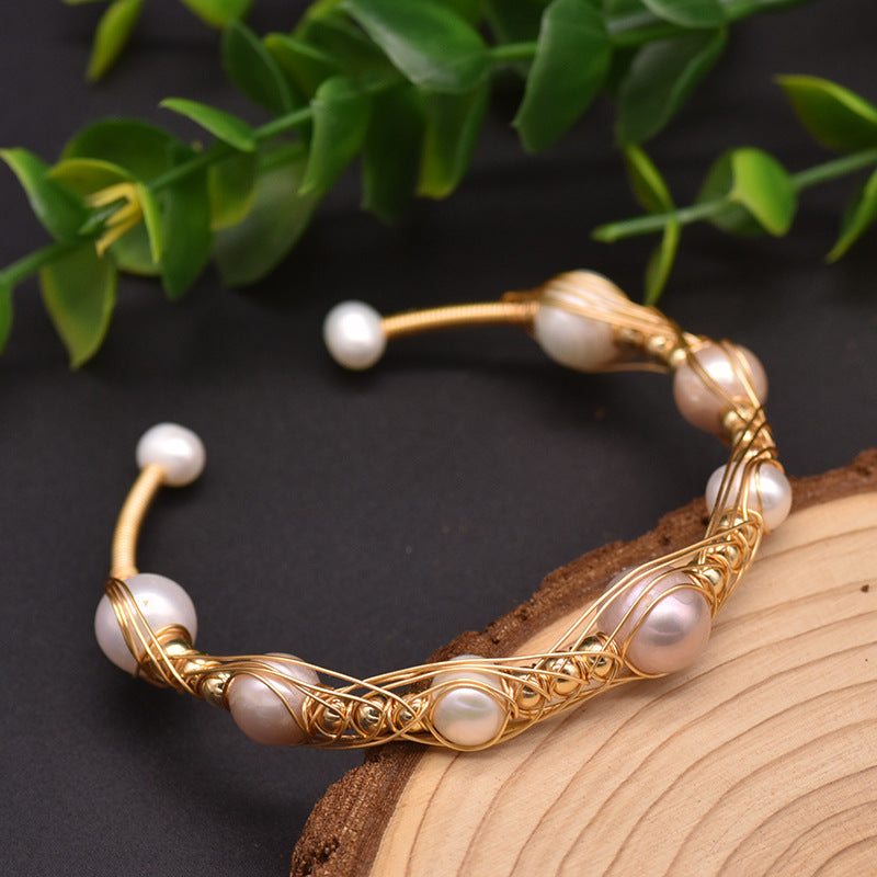 Natural Freshwater Pearl Gold Wire Wrap Bracelet
