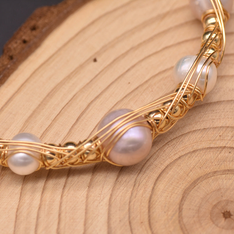 Natural Freshwater Pearl Gold Wire Wrap Bracelet
