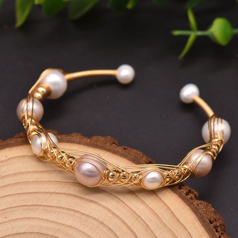 Natural Freshwater Pearl Gold Wire Wrap Bracelet