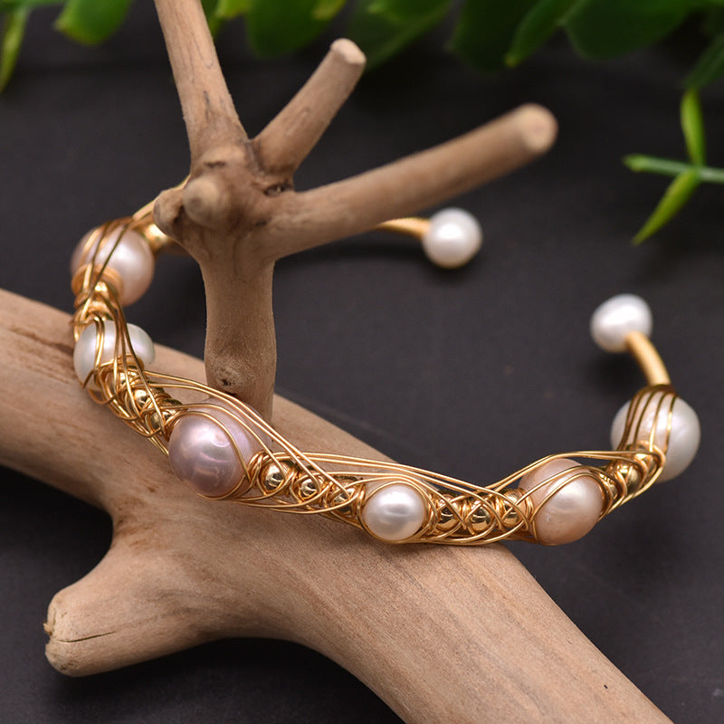 Natural Freshwater Pearl Gold Wire Wrap Bracelet