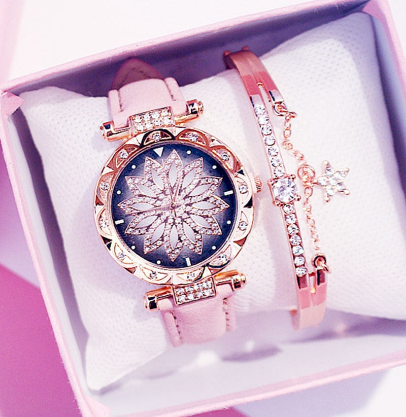 AURÉLIA Luxury Watch & Bracelet Set (Floral Diamond Edition)