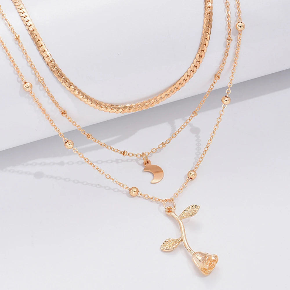 Golden Layered Floral Charm Necklace
