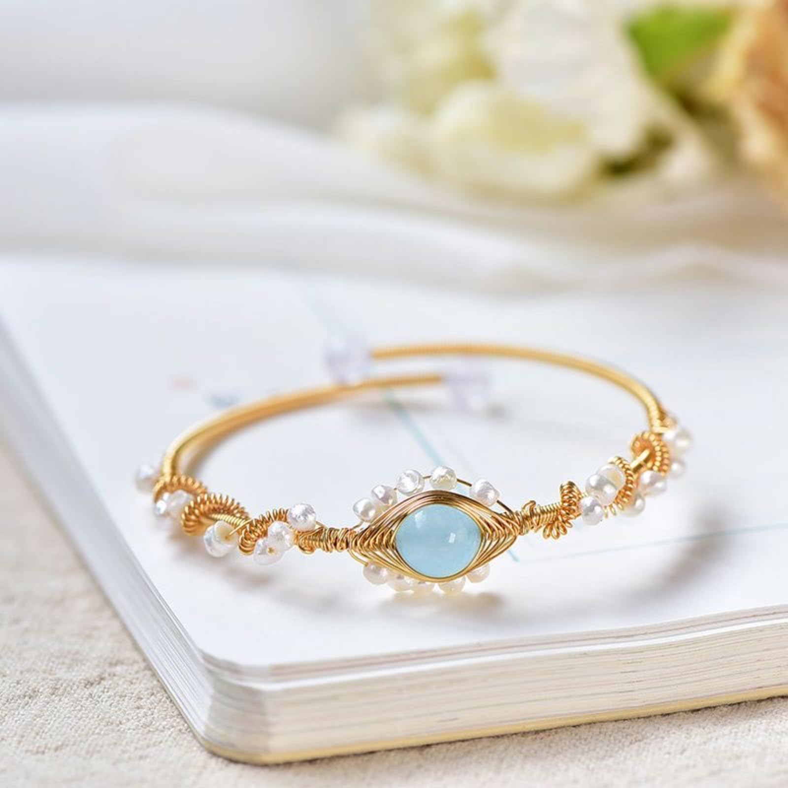 Elegant Pearl & Stone Wire-Wrapped Bracelet