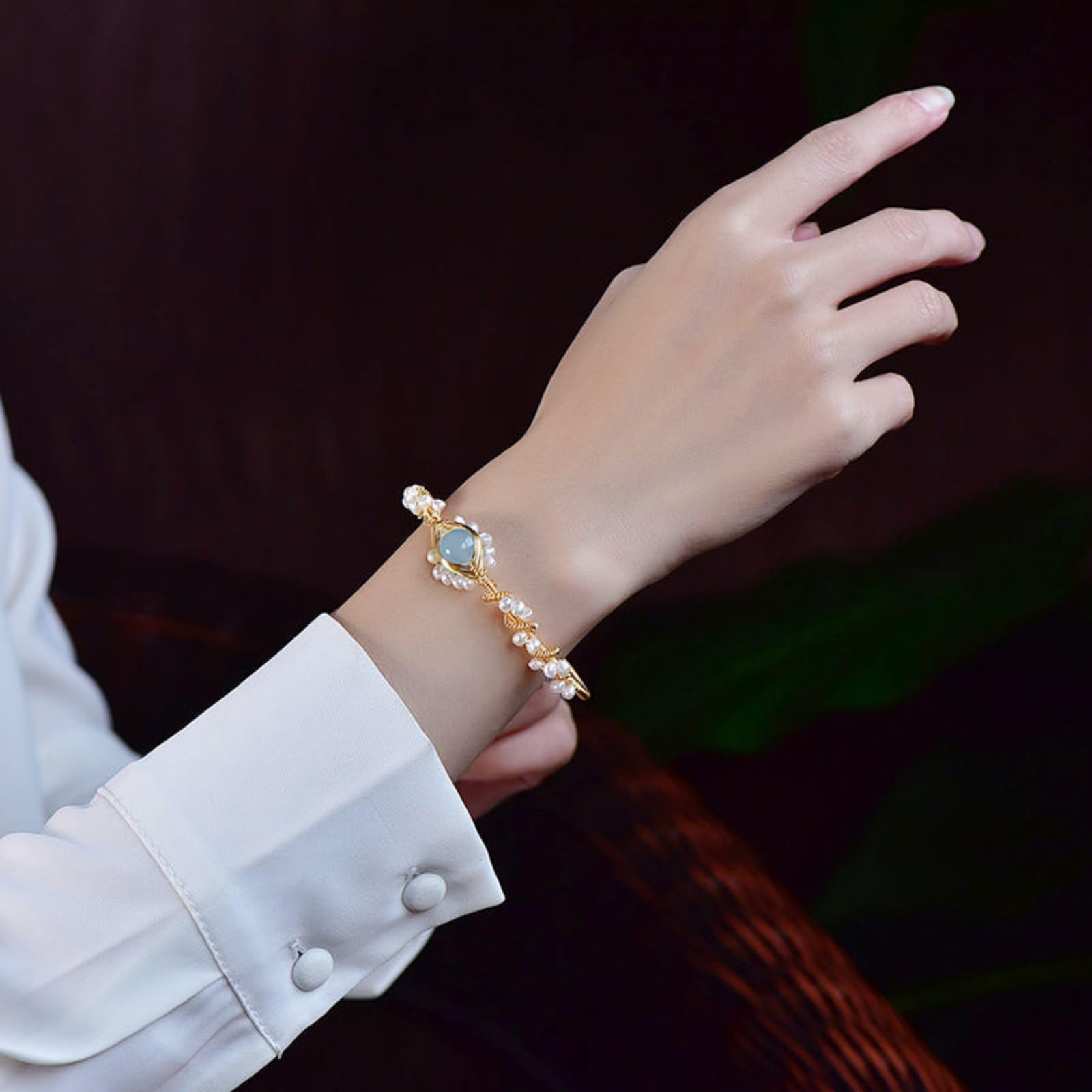 Elegant Pearl & Stone Wire-Wrapped Bracelet