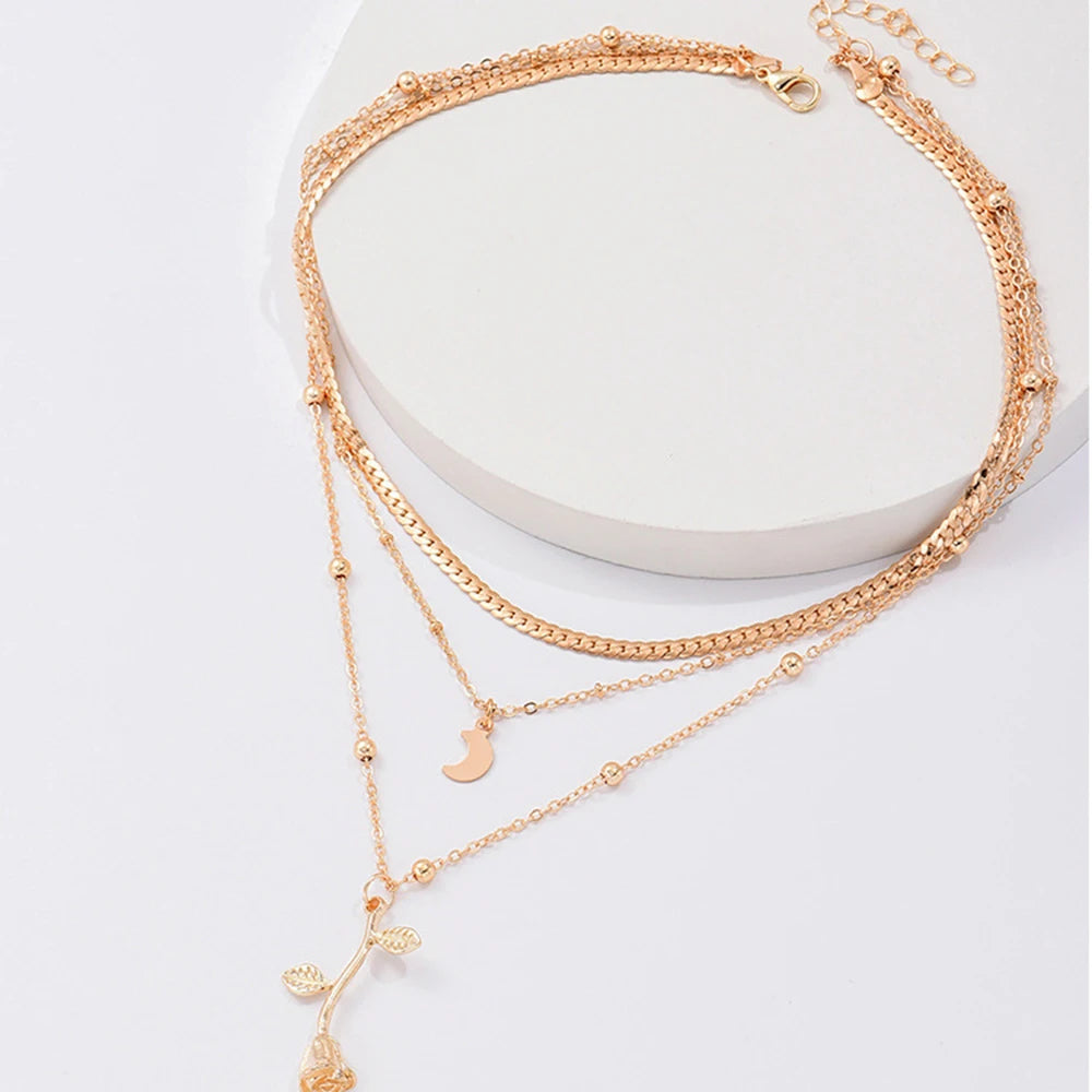 Golden Layered Floral Charm Necklace