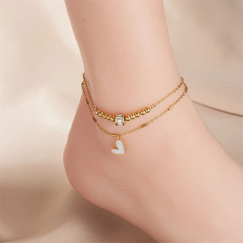 Gold Heart Charm Layered Anklet