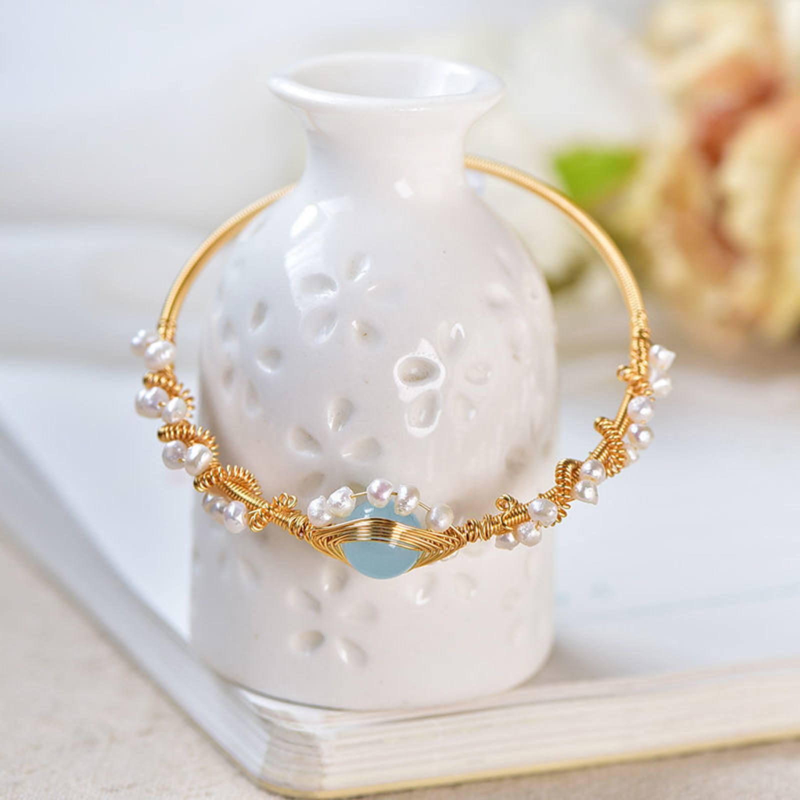 Elegant Pearl & Stone Wire-Wrapped Bracelet