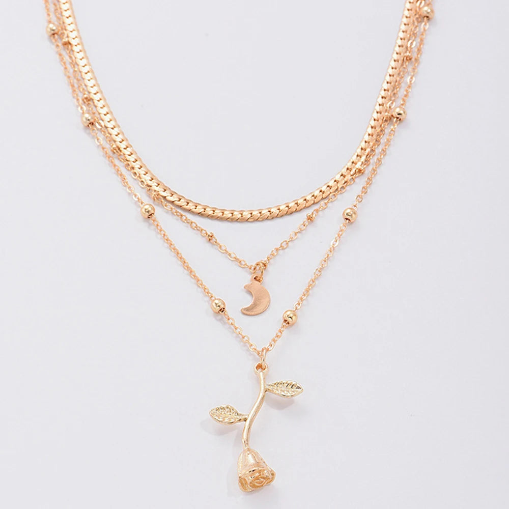 Golden Layered Floral Charm Necklace