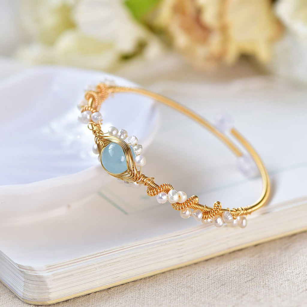 Elegant Pearl & Stone Wire-Wrapped Bracelet