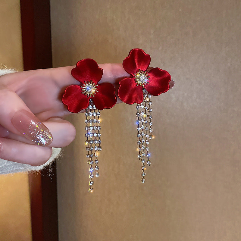 Premium Red Floral Tassel Earrings
