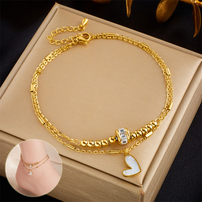 Gold Heart Charm Layered Anklet