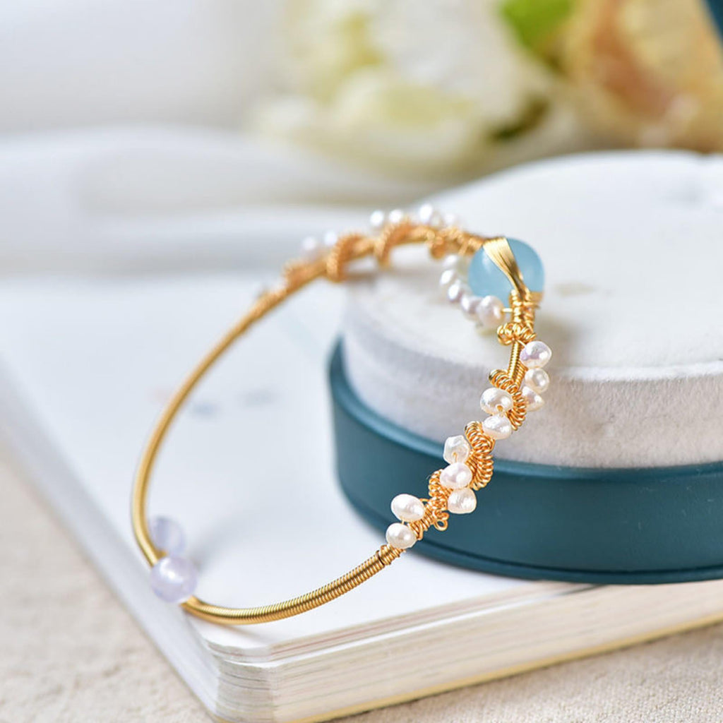 Elegant Pearl & Stone Wire-Wrapped Bracelet